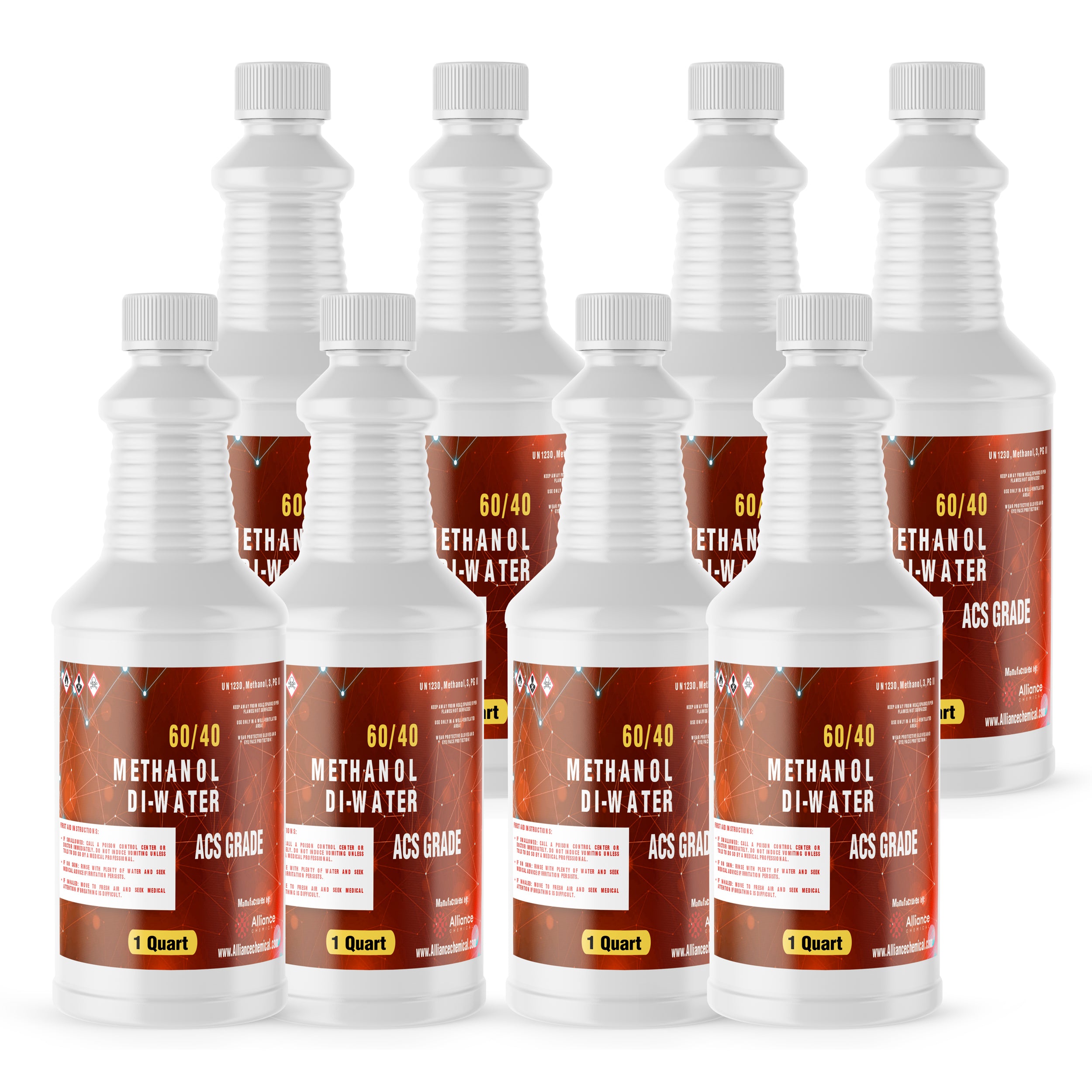 8x1 quart bottles of 60/40 Methanol Di-Water Solution, ACS Grade, in white HDPE containers with red labels and hazard warning symbols.